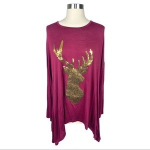 Love Story Burgundy & Gold Sequined Reindeer Tunic - Size 1X